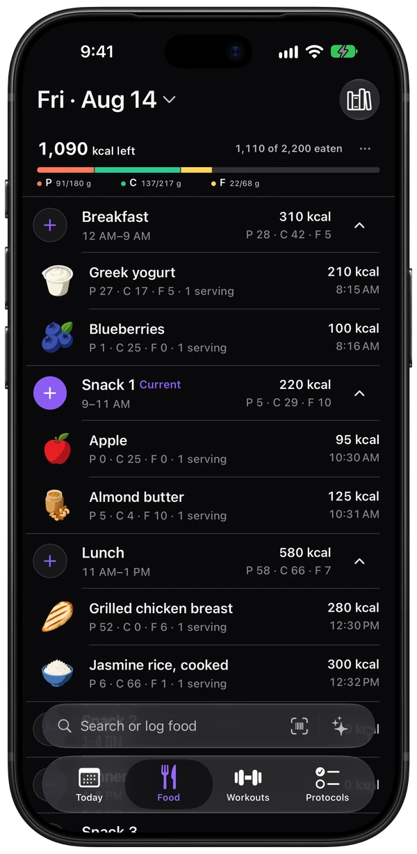 Brolic’s Food diary showing macro progress, recent meals, and fast logging actions.