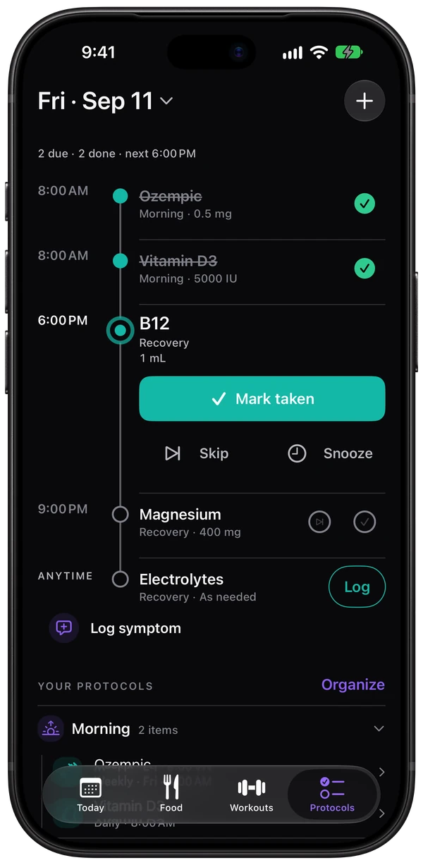 Brolic’s Protocols screen showing scheduled, completed, skipped, and as-needed entries.