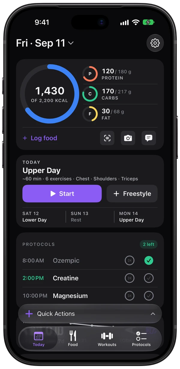 Brolic’s Today screen showing macro progress, an active workout, protocol status, and body-weight trend.