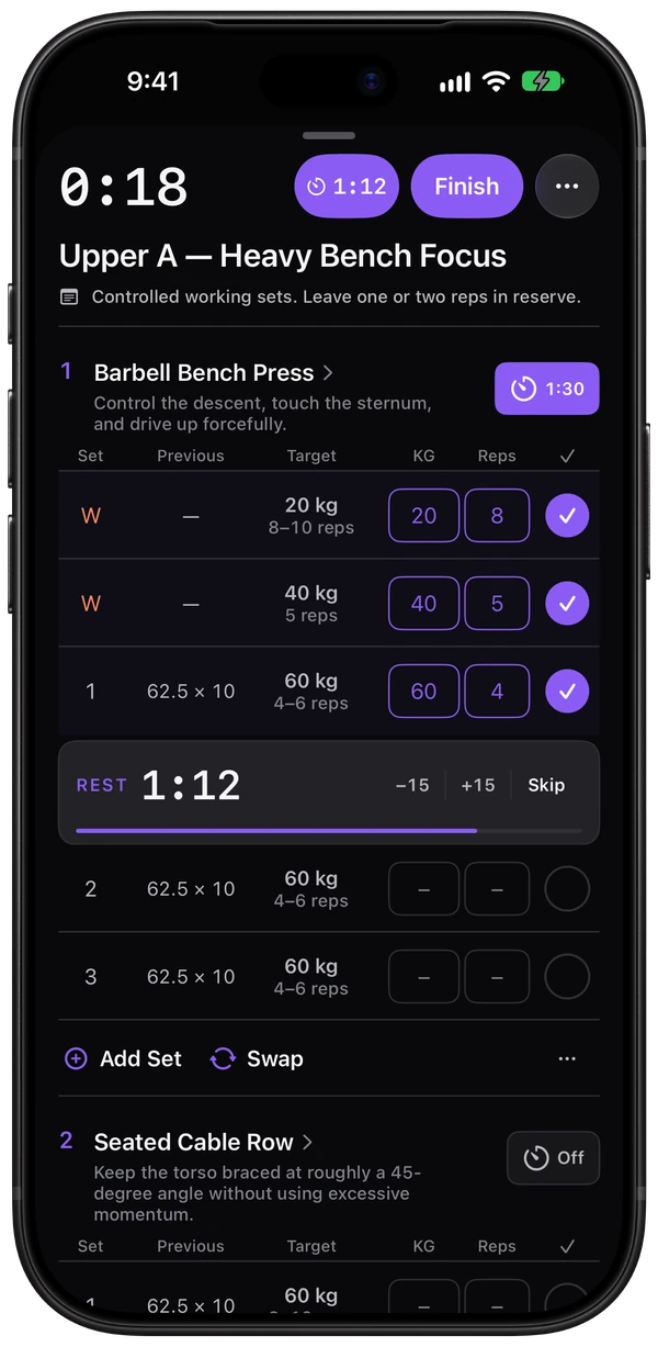 Brolic’s active workout screen showing set targets, previous performance, and a live rest timer.